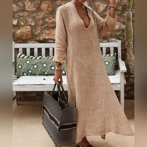 Beige Kaftan Shirt Dress Coverup Minimalist Longline Neutral Boho Lagenlook